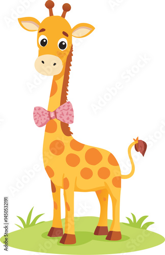 A cute giraffe with a long neck wearing a bow tie, standing in a savanna at sunset