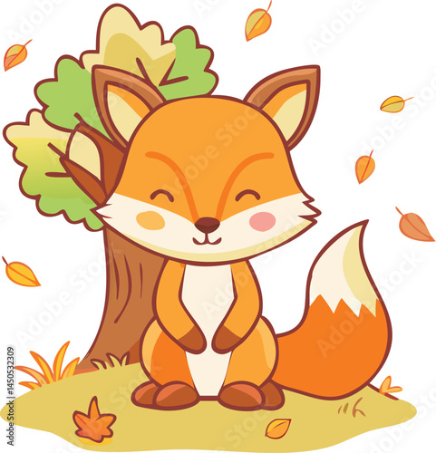A cute fox with a bushy tail sitting under a tree, curious and alert in a sunlit forest