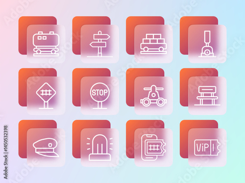 Set line Arrow for switching the railway, Flasher siren, Handcar transportation, Online ticket booking, Stop sign, Cargo train wagon, Oil cistern and Road traffic icon. Vector
