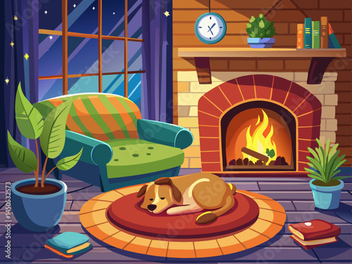 vector of cozy living room scene featuring sleeping dog on pet bed near fireplace