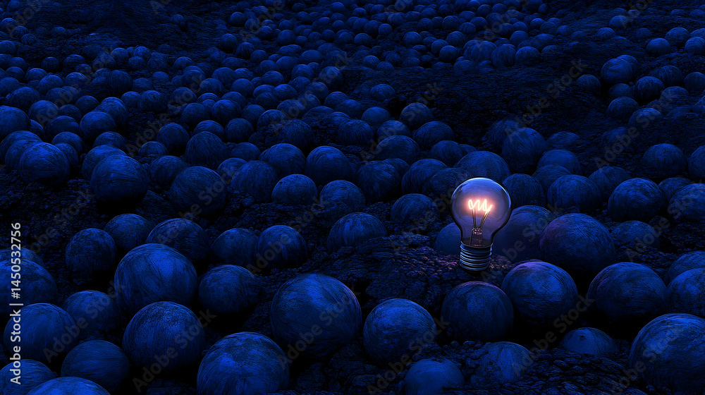Obraz premium Illuminated lightbulb among unlit bulbs concept of ideas and innovation