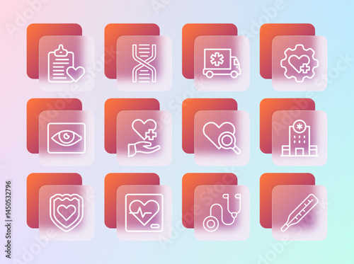 Set line Heart with cross, rate, Medical heart inspection, Stethoscope, Ambulance car, Patient record and DNA symbol icon. Vector