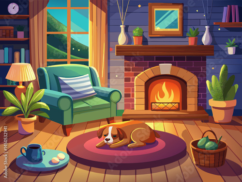 vector of Cozy living room scene with dog sleeping on pet bed near fireplace