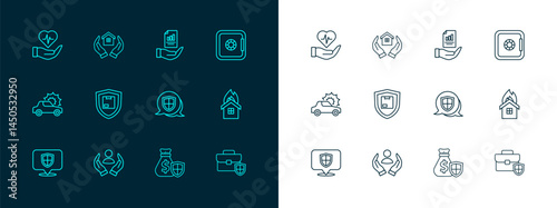 Set line Safe, Life insurance, Shield, Money bag with shield, Delivery security, Contract hand, and House icon. Vector