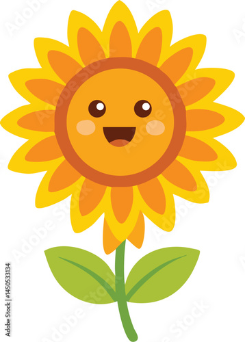 A cheerful sunflower with a smiling face radiating happiness, surrounded by sun rays and fluffy clouds