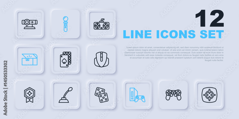 Set line Game controller or joystick, Target sport, Playing cards, console with, Chest for game, Microphone, VR and dice icon. Vector Set line Game controller or joystick, Target sport, Playing cards, console with, Chest for game, Microphone, VR and dice icon. Vector