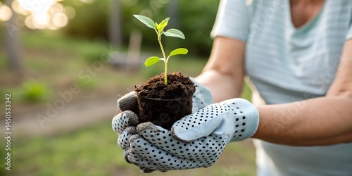 Young hands holding a new tomato seedling, planting life in the green earth