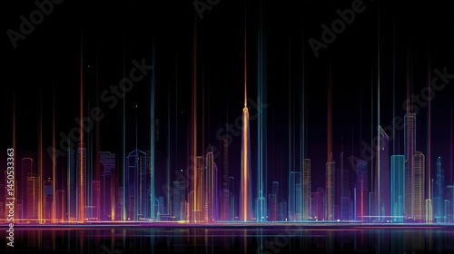 Colorful neon-lit futuristic city skyline glowing at night with mirrored reflections on water