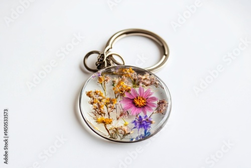 Round keychain with flowers isolated on white background