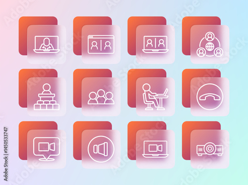 Set line Meeting, Speaker volume, Freelancer, Video chat conference, and icon. Vector