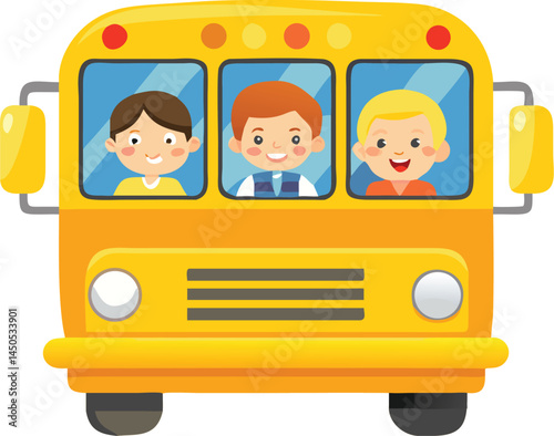 A bright yellow school bus with cartoon children looking out the windows, colorful and cheerful design