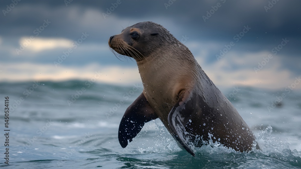 Obraz premium A young sea lion emerges from the ocean, its wet fur glistening in the sunlight. The sea lion's eyes gaze out at the horizon as it stands majestically in the water.