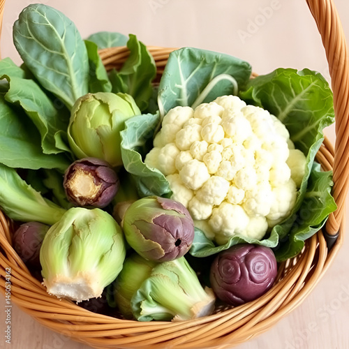 Fresh cauliflower and Brussels sprouts in a woven basket.