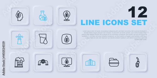 Set line Canister for gasoline, Gasoline pump nozzle, Oil petrol test tube, tank storage, rig, pipe with valve, and drop dollar symbol icon. Vector