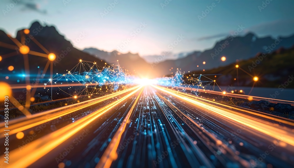 Dynamic Road with Glowing Light Trails and Digital Network Connections at Sunset. AI Generative