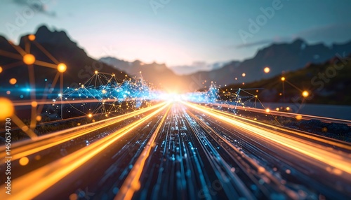 Obraz na płótnie Dynamic Road with Glowing Light Trails and Digital Network Connections at Sunset. AI Generative w salonie