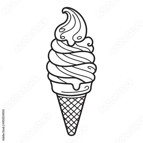 A stylized, black and white line drawing of an ice cream cone with a swirl design. Simple black and white ice cream cone illustration.