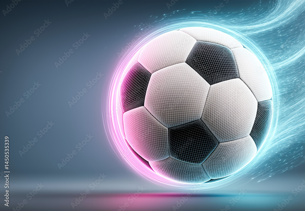 Naklejka premium Soccer ball in motion with neon light effects and digital wireframe on dark background. Modern concept of sports, speed and technology.