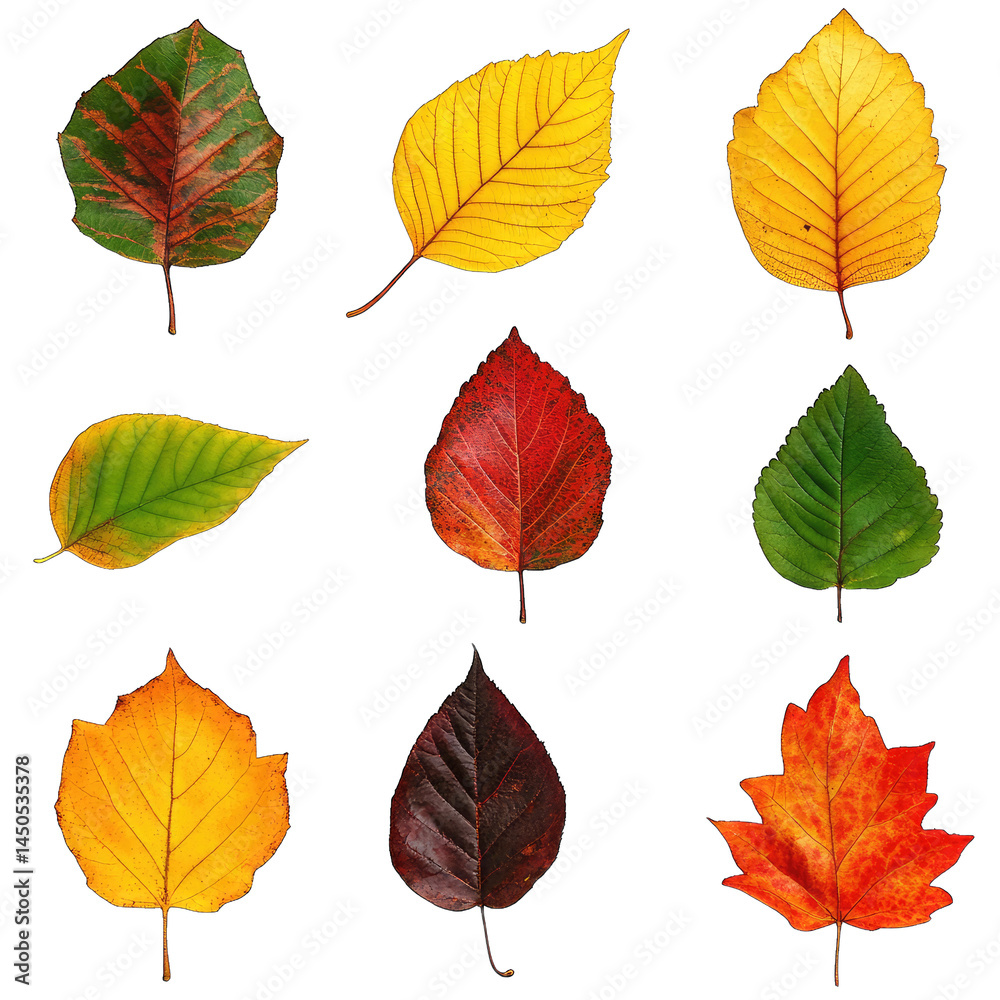 Nine Colorful Autumn Leaves with Textures on Transparent Background Closeup Nine Colorful Autumn Leaves with Textures on Transparent Background Closeup