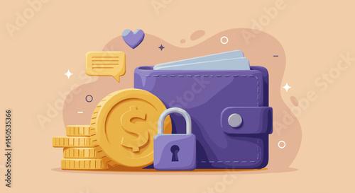 Digital savings safety concept featuring a secure wallet and coins symbolizing financial security