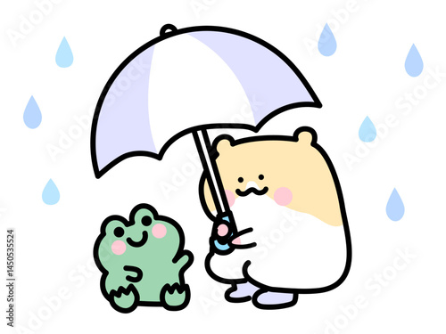カエルに傘をさすゴールデンハムスター
