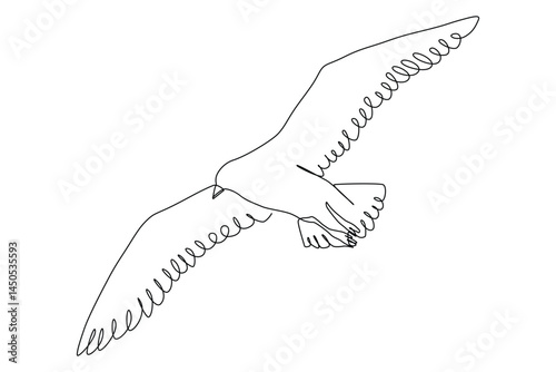  continuous one line drawing of elegant seagull for nautical logo identity. Adorable seabird mascot concept for sea port symbol.