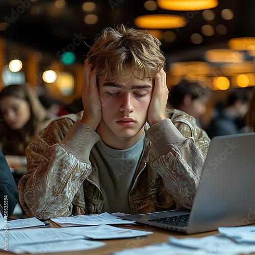 Stressed teen studying, overwhelmed by papers