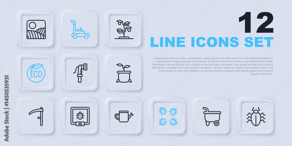 Set line Wheelbarrow, Colorado beetle, Garden hose, Eco healthy food, Lawn mower and Watering can icon. Vector Set line Wheelbarrow, Colorado beetle, Garden hose, Eco healthy food, Lawn mower and Watering can icon. Vector