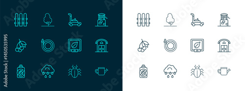 Set line Well, Cloud with rain, Seeds of specific plant, Colorado beetle, Garden hose, Lawn mower, fence wooden and Fruit tree icon. Vector