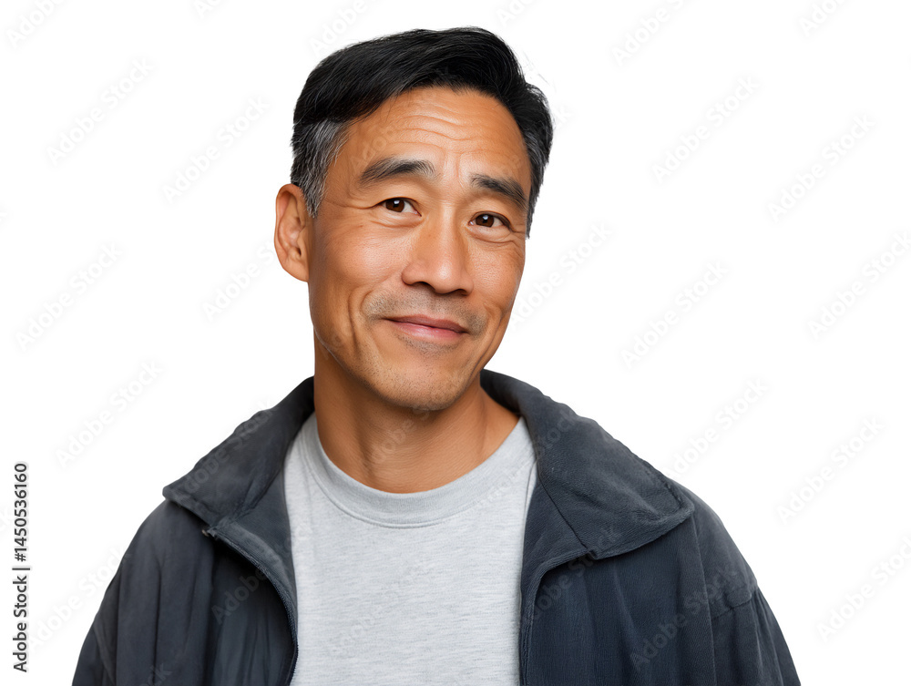 Portrait of middle-age Asian man casually dressed with soft smile, isolated on white or transparent background Portrait of middle-age Asian man casually dressed with soft smile, isolated on white or transparent background