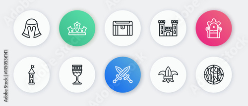 Set line Crossed medieval sword, Medieval throne, Castle tower, Fleur de lys lily flower, Antique treasure chest, Round wooden shield and goblet icon. Vector