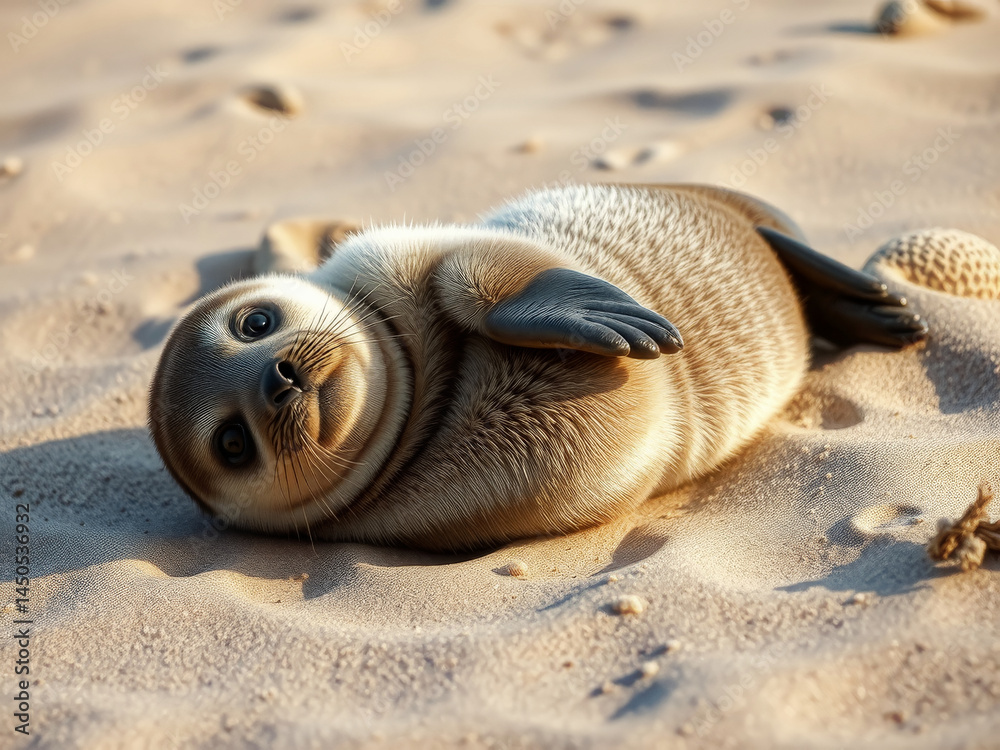 A baby seal laying on the sand. The baby seal is looking at the camera. The scene is peaceful and calm