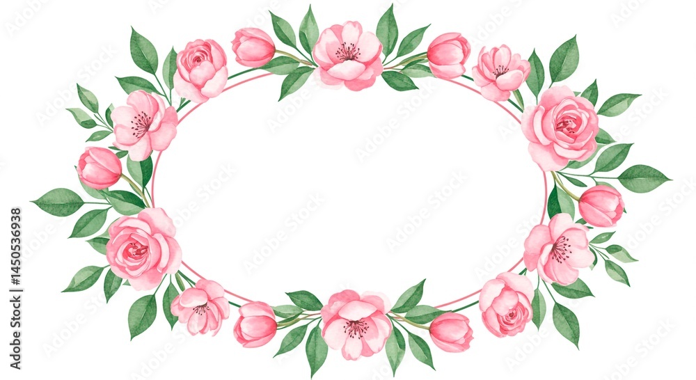 Fototapeta premium Oval floral frame with pink roses tulips and green leaves on a white background watercolor illustration