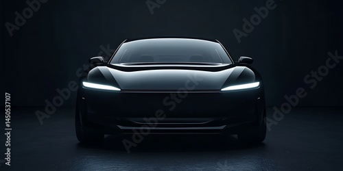 Luxury expensive car parked on dark background. Sport and modern luxury design gray car. Shiny clean lines and detailed front view of modern automotive. Automotive advertising