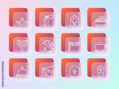 Set line Pasta spaghetti, Cheese, Carnival mask, Pope hat, Map of Italy, Roman army helmet, and Perfume icon. Vector
