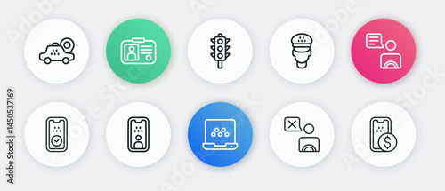 Set line Taxi mobile app, driver, Traffic light, Mobile banking and license icon. Vector