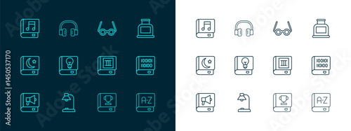 Set line Inkwell, Table lamp, Book, User manual, Glasses, Audio book and Headphones icon. Vector