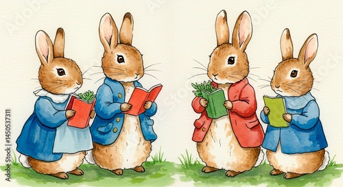 Four rabbits dressed in clothing reading books standing on grass in a cartoon illustration style