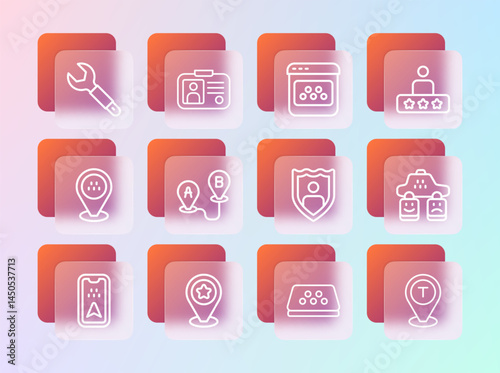 Set line Taxi service rating, Location with star, Life insurance shield, car roof, Route location, mobile app, Wrench spanner and driver license icon. Vector