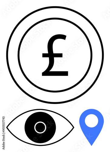 British pound sign in a circle, eye icon beneath, blue map pointer. Ideal for finance, currency tracking, location, marketing, investment, security simple landing page
