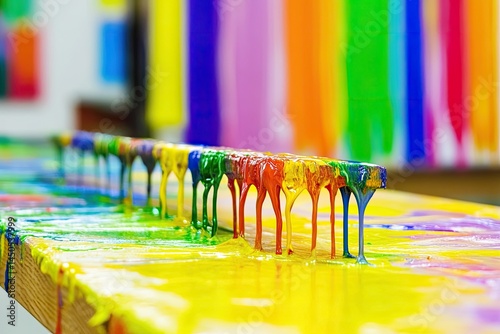 Colorful dripping inks on a wooden surface, in a printing or art studio.  Various shades of inks are arranged in a row, dripping onto a yellow surface.  Blurred background shows more colors