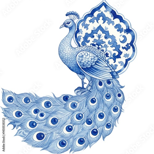 A blue and white peacock with intricate tail feathers and ornate backdrop on a white background art
