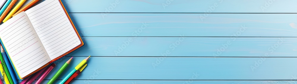Colorful stationery with notepad and crayons on a light blue wooden table surface Colorful stationery with notepad and crayons on a light blue wooden table surface