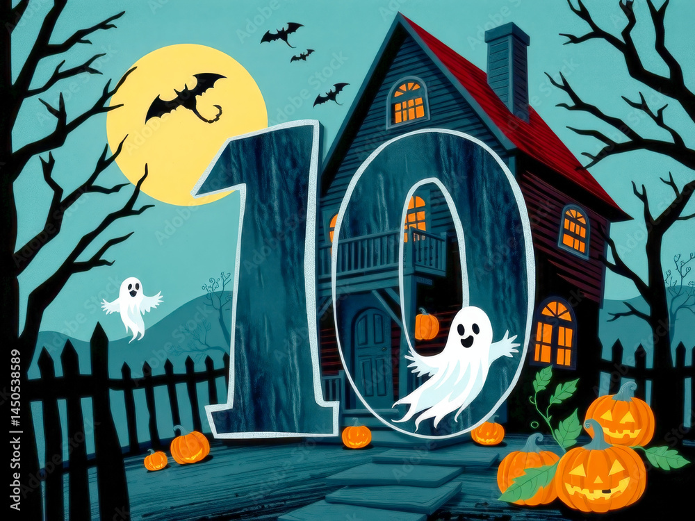 A Halloween themed sign with a house and ghosts and the number 10. The house is surrounded by pumpkins and the ghosts are flying around it