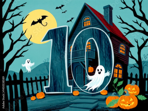 Obraz na płótnie A Halloween themed sign with a house and ghosts and the number 10. The house is surrounded by pumpkins and the ghosts are flying around it w salonie