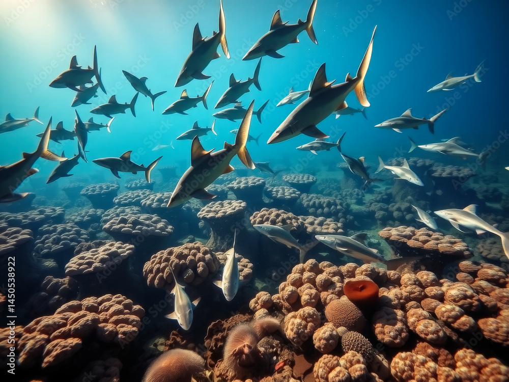 A group of sharks swimming in the ocean. The sharks are in a school and are swimming in a coral reef