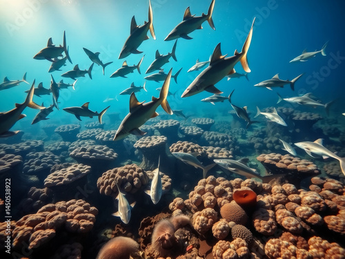 A group of sharks swimming in the ocean. The sharks are in a school and are swimming in a coral reef