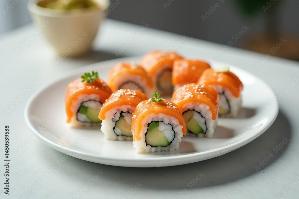 Assorted sushi rolls on white plate, minimalist setting, gastronomy, rolls Assorted sushi rolls on white plate, minimalist setting, gastronomy, rolls