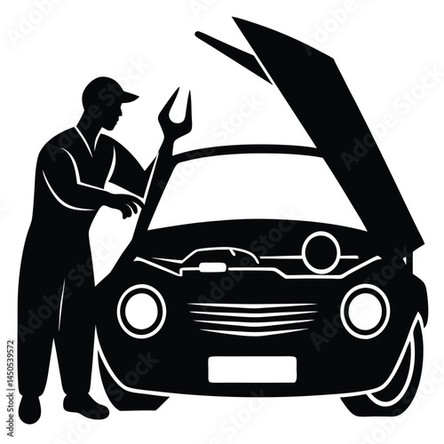 Car Mechanic Under Hood Silhouette