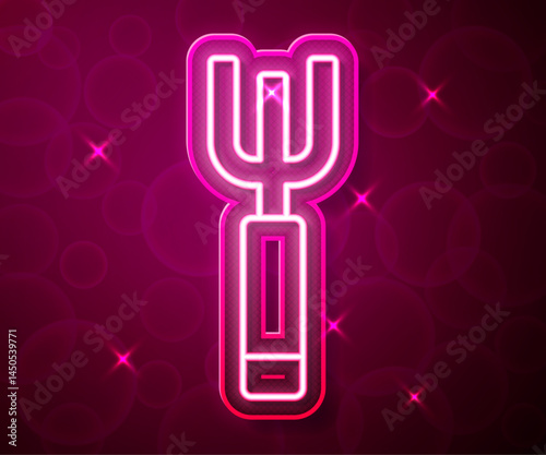 Glowing neon line Garden pitchfork icon isolated on red background. Garden fork sign. Tool for horticulture, agriculture, farming. Vector